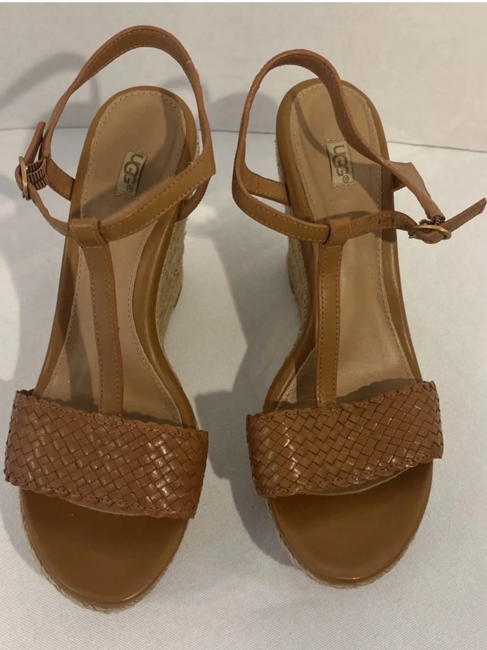 UGG Women's Tan Woven Leather Espadrille Wedge Strappy Sandals. Size 8.5